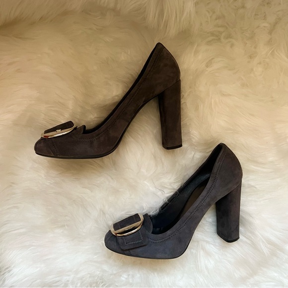 PRADA Logo Buckle Block Heel Suede Leather Pumps - Picture 6 of 10